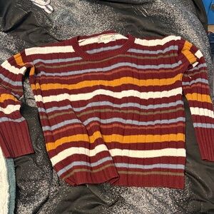 Pink Owl Burgundy Striped Crewneck Sweater with Mustard & Light Blue